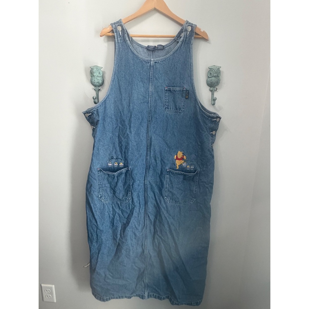Vintage 90s Disney Pooh Woman Denim Jumper Dress 24W Plus Size Embroidered Maxi